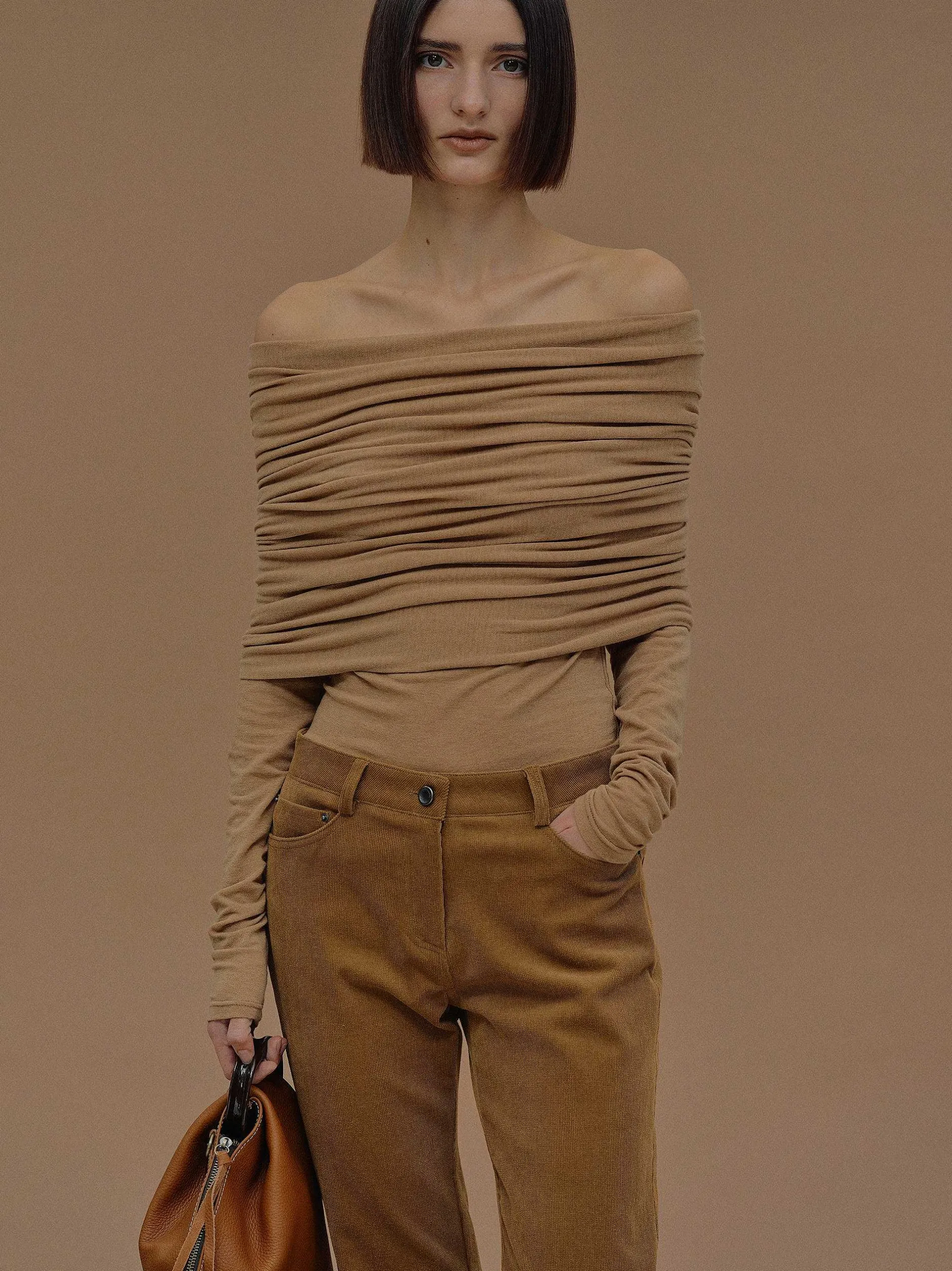 Accessories-Source Unknown Tova Off Shoulder Knit, Nude Brown