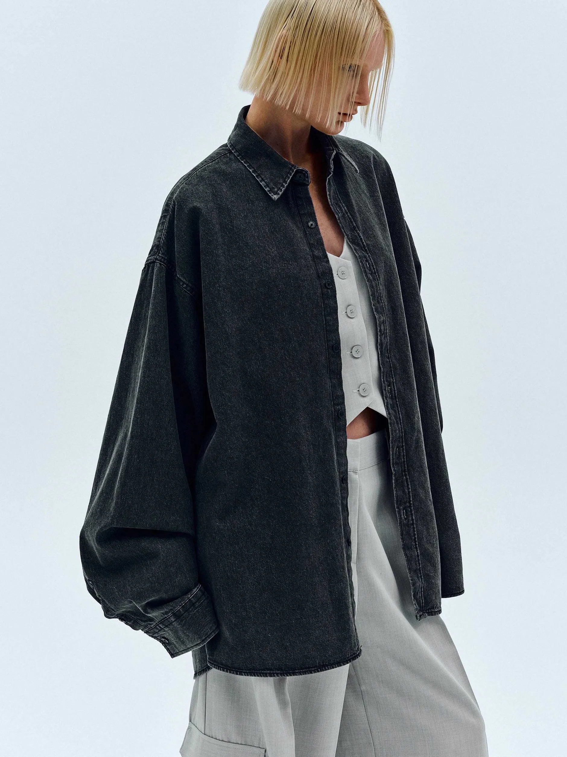 Accessories-Source Unknown Unisex Denim Shirt, Black Washed