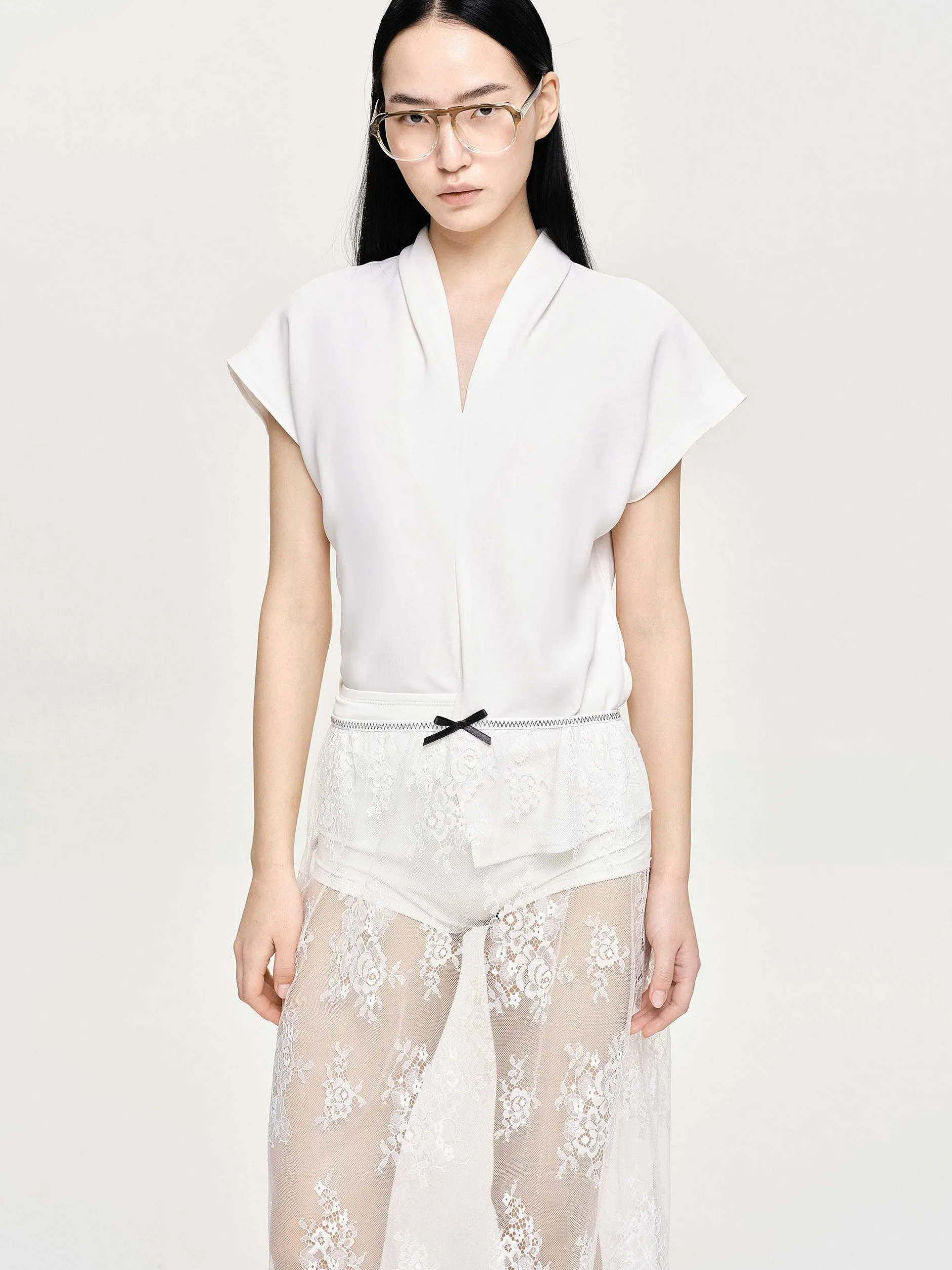 Tops-Source Unknown V-Neck Crepe Blouse, White