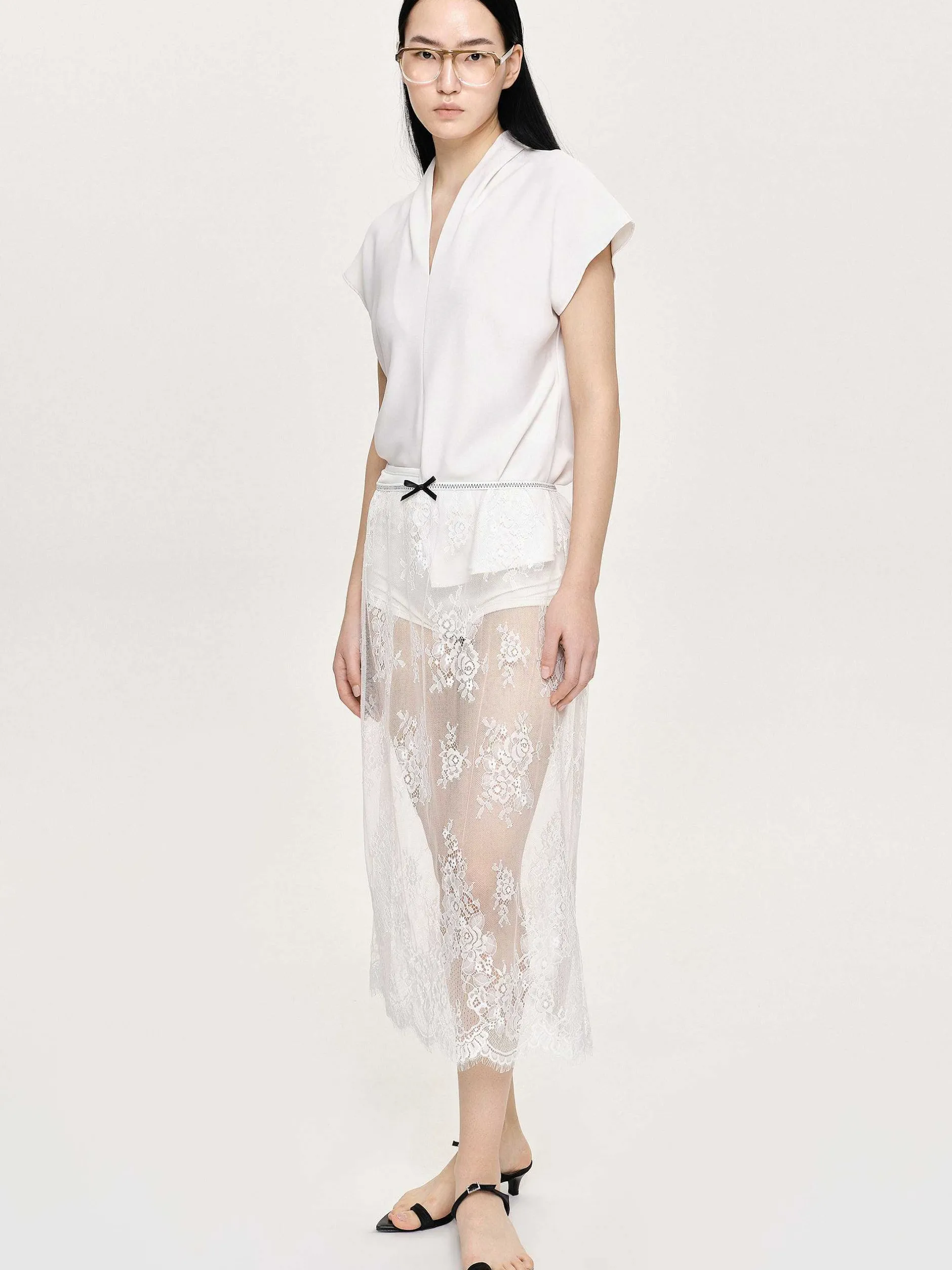 Tops-Source Unknown V-Neck Crepe Blouse, White