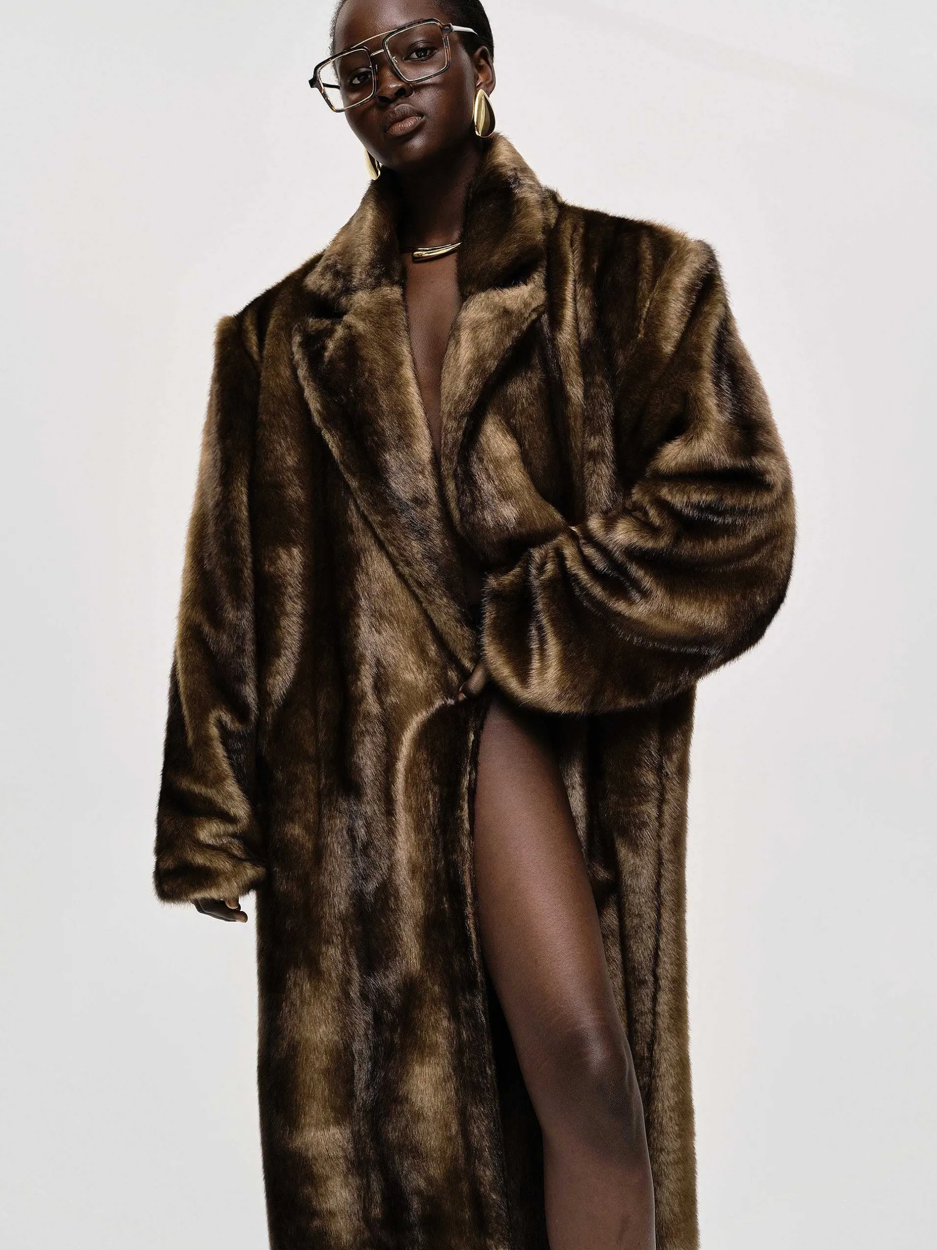 Outerwear-Source Unknown Wallis Fur Oversized Grandpa Coat, Espresso