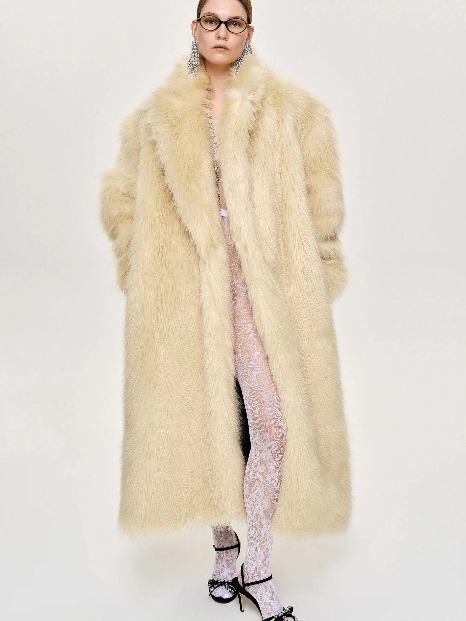 Outerwear-Source Unknown Wallis Fur Oversized Grandpa Coat, Tuscan Cream