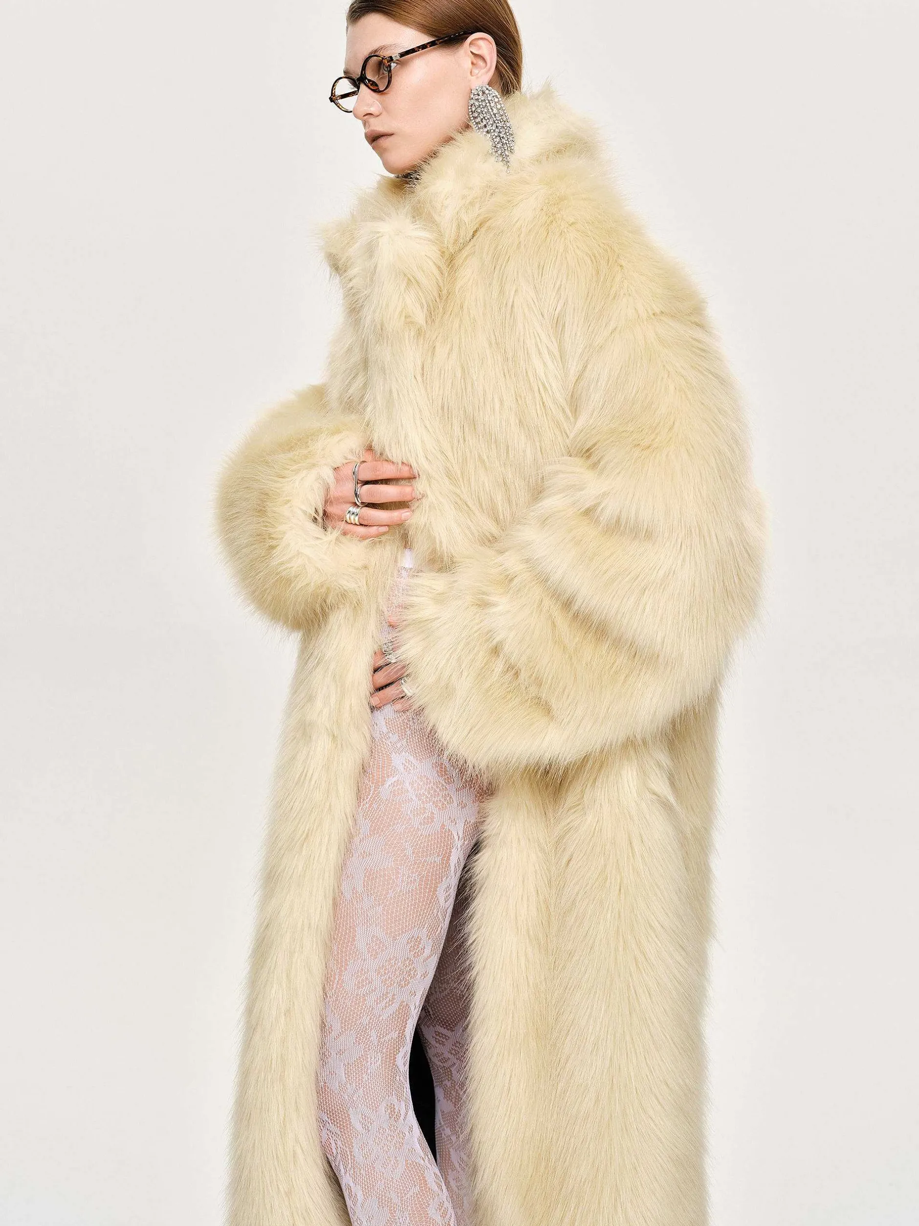 Outerwear-Source Unknown Wallis Fur Oversized Grandpa Coat, Tuscan Cream