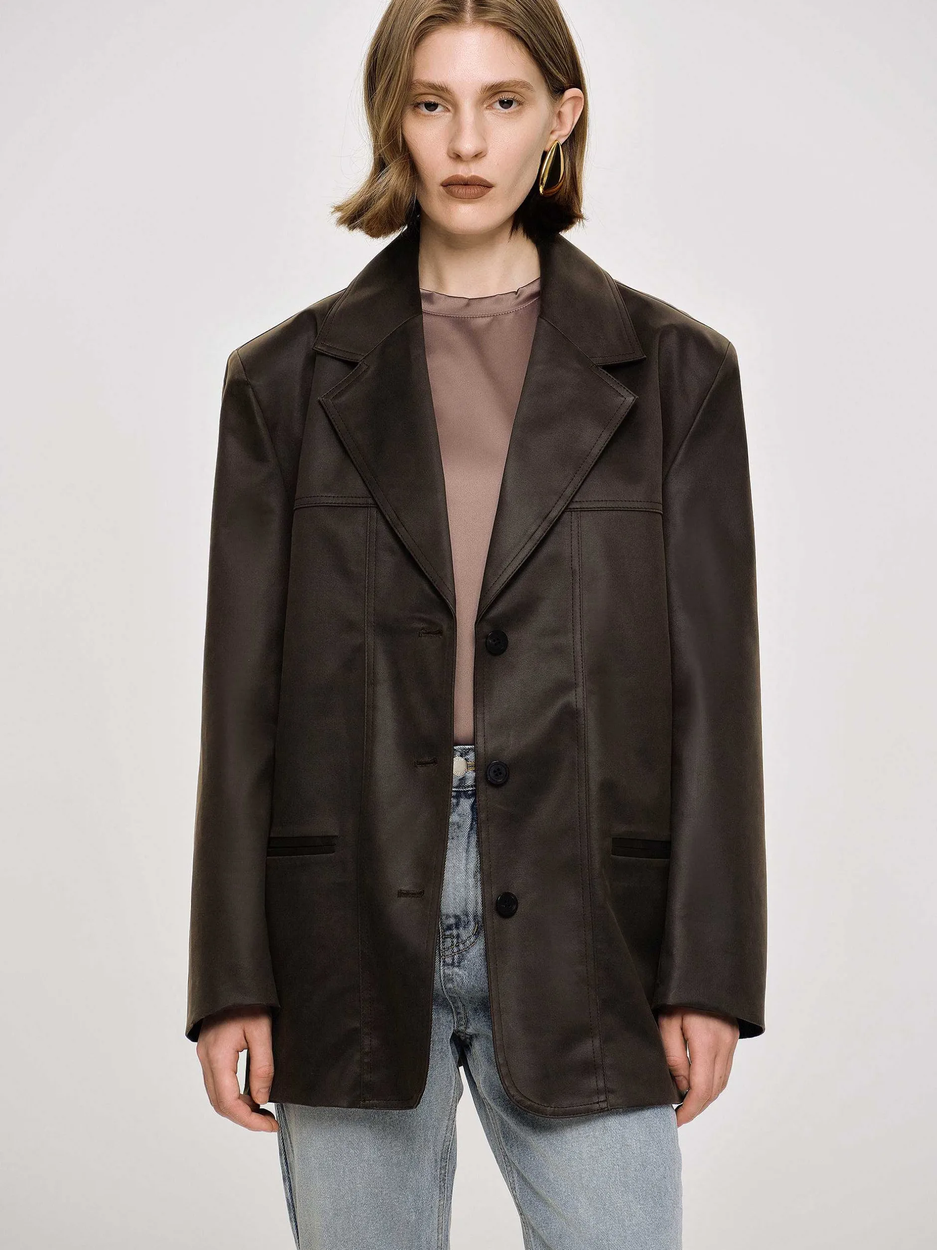 Outerwear-Source Unknown Washed Faux Leather Jacket, American Bronze