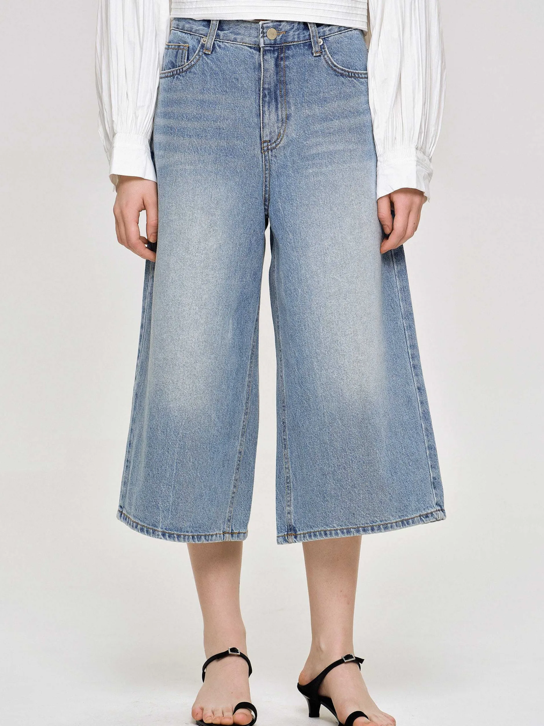 Denim-Source Unknown Wide Cropped Jeans, Medium Blue